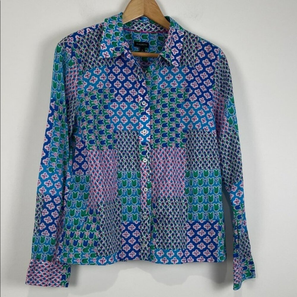Talbots Patchwork Floral Button Front Shirt Women’s Medium Blouse Boho Tulip